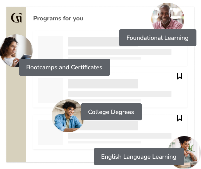 Foundational Learning, College degrees, Bootcamps and Certificates, English Language Learning and more. 