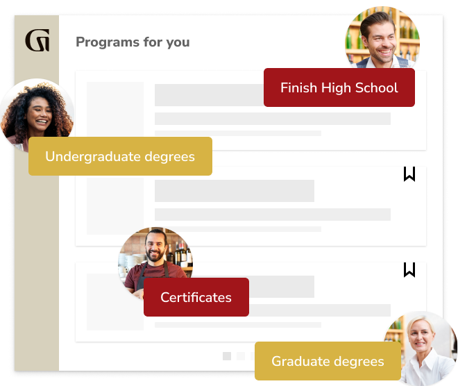 Programs for you: Finish High School, Undergraduate degrees, Certificates, Graduate degrees 