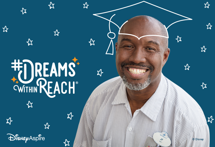 Disney Team Member smiling wearing and illustrated grad cap, overlayed text says #DreamsWithinReach