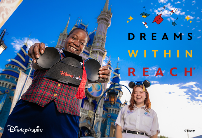 "Dreams within reach", two women smiling with Mickey Mouse ears